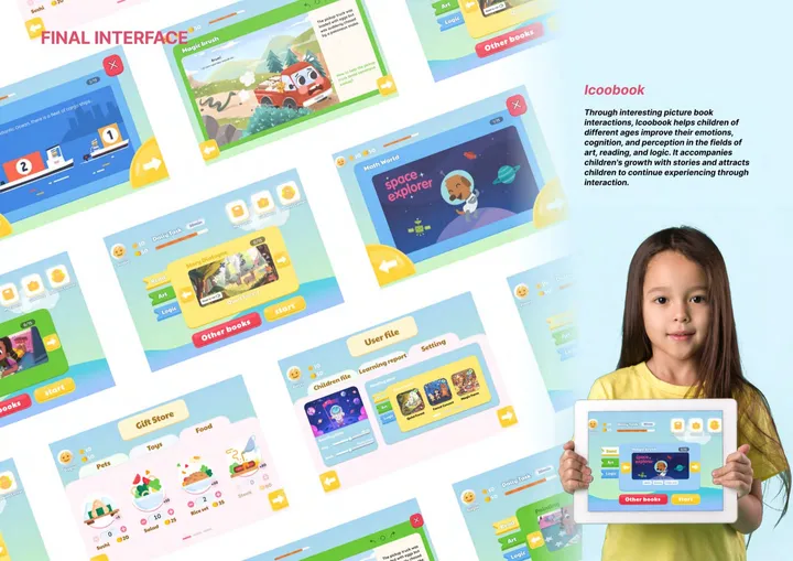 Icoobook — interactive picture book interfaces and a child holding a tablet