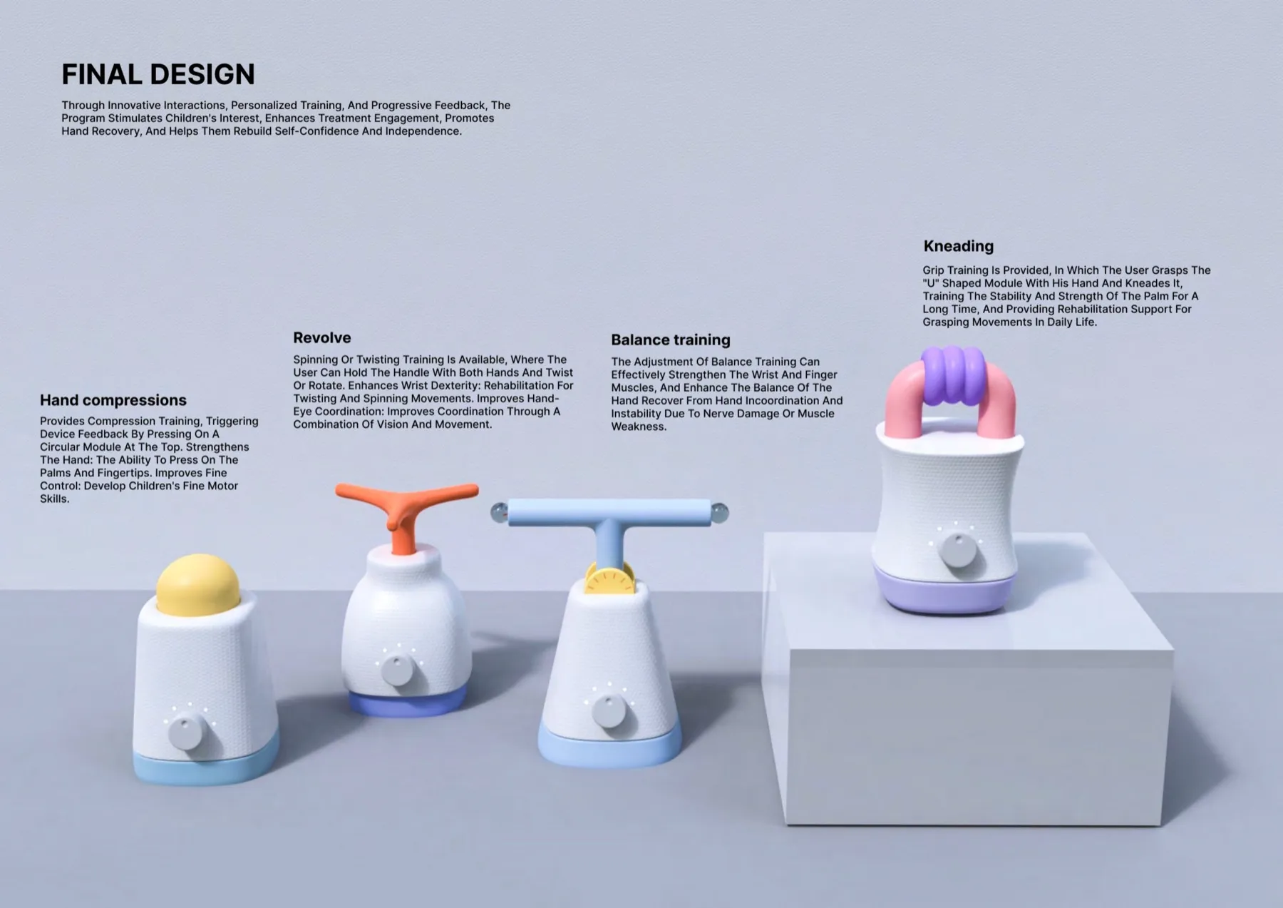 Rehand — four hand rehabilitation modules in soft pastels